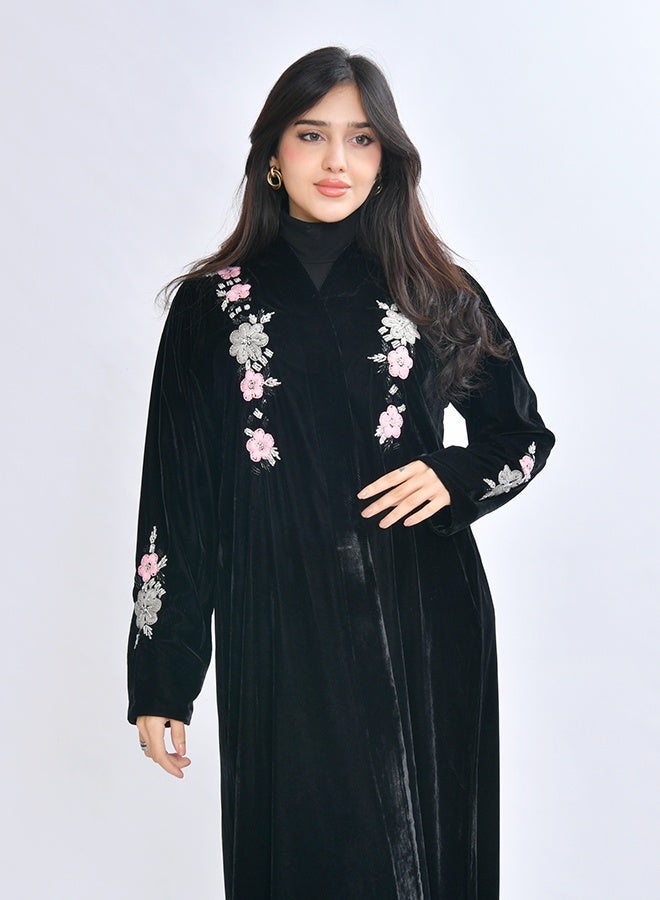 HAWRAA ABAYA Blossom abaya crafted from soft black velvet fabric, adorned with refined hand embroidery featuring delicate embellishments and floral motifs - Image 2